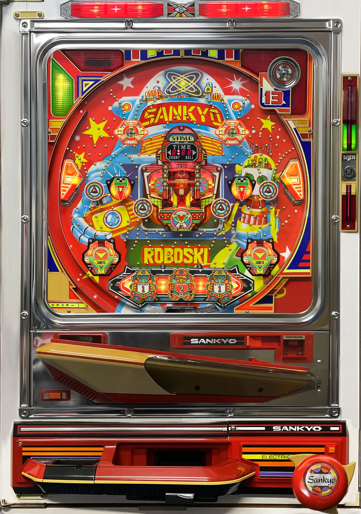 Roboski I retro pachinko cabinet with a red-and-silver frame and colorful robot-themed mechanical playfield.