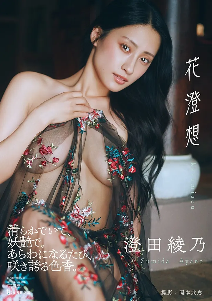 Cover of Ayano Sumida’s Kasumisou photobook, showing her holding black sheer fabric embroidered with colorful flowers.
