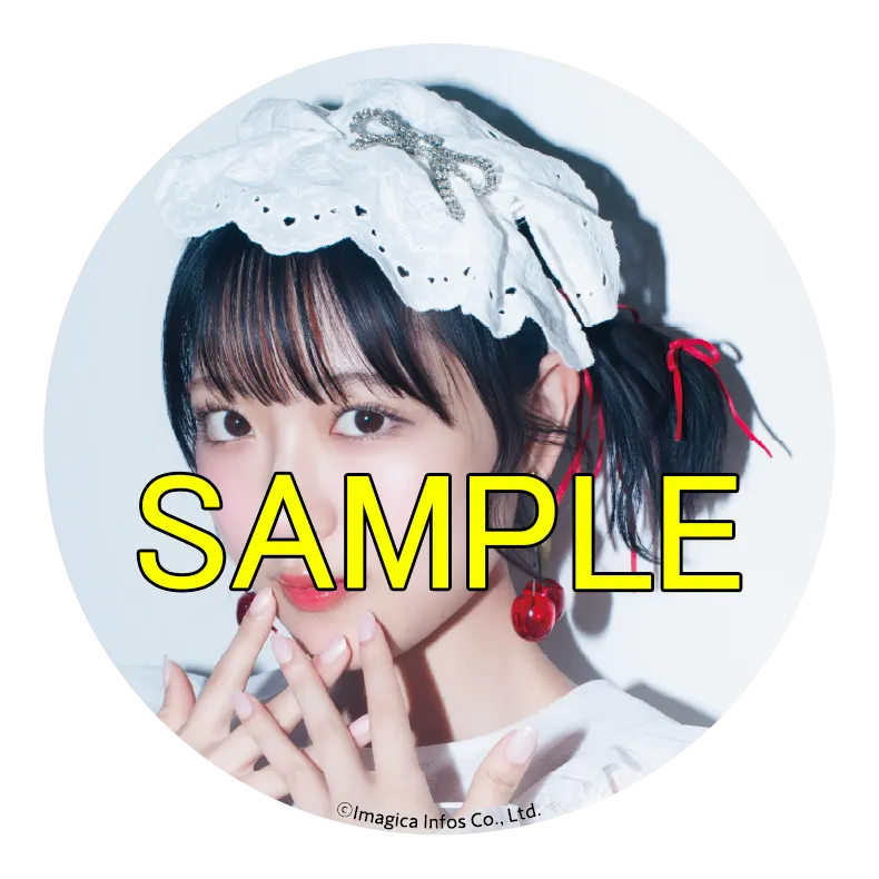 Circular Infosquare pin-badge sample showing Tsumugi Nanase in a white lace headpiece with red earrings and ribbons, overlaid with SAMPLE text.