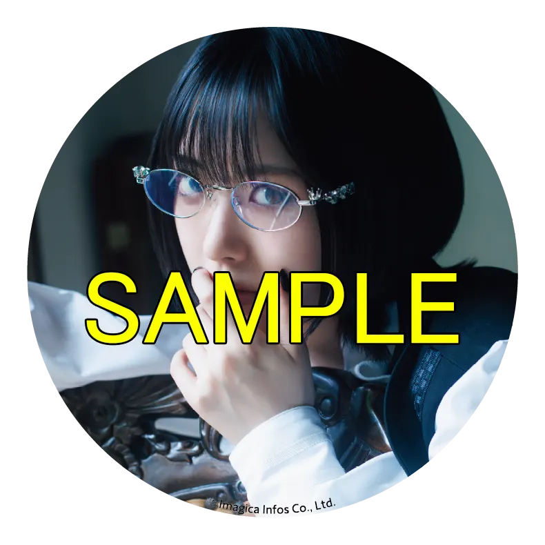 Circular Infosquare pin-badge sample showing Tsumugi Nanase with short dark hair and glasses in a white blouse and dark waistcoat.