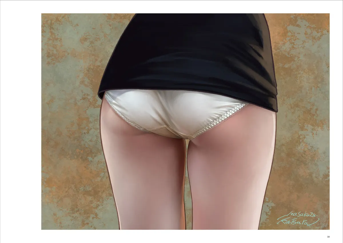 Rear-view illustration from Positive Sensitive showing a black top above white underwear against a mottled gold and green background, on page 30.