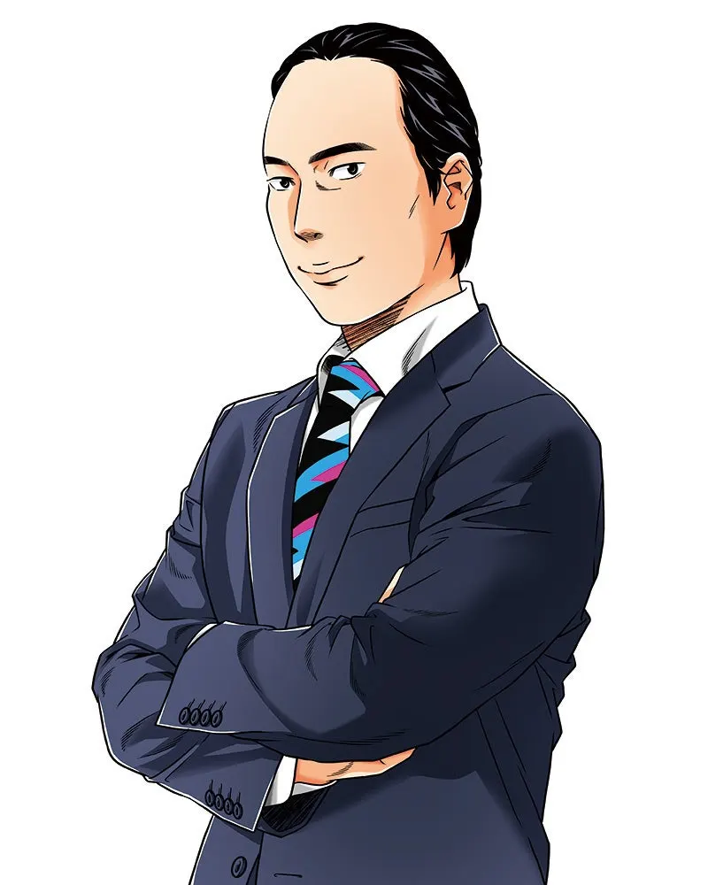 Color illustration of a black-haired man standing with folded arms in a navy suit and a blue, pink and black patterned tie.