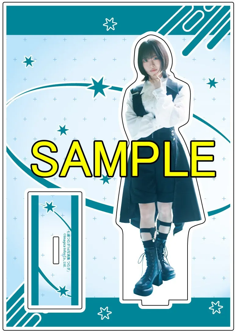 Gamers acrylic stand sample featuring Tsumugi Nanase in a white blouse, dark waistcoat, shorts and lace-up boots against a blue star-patterned design.