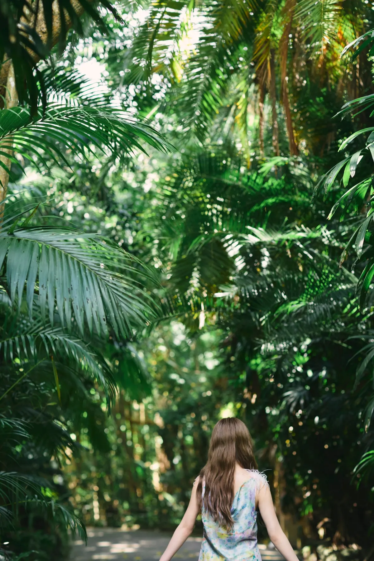 Sakura (さくら) seen from behind in a pale floral dress on a path beneath dense tropical foliage.