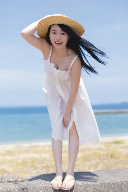 Miu Shirahama (白濱美兎) in a white dress and straw hat by the sea. Miu Shirahama Second Photobook (print photobook) coverage.