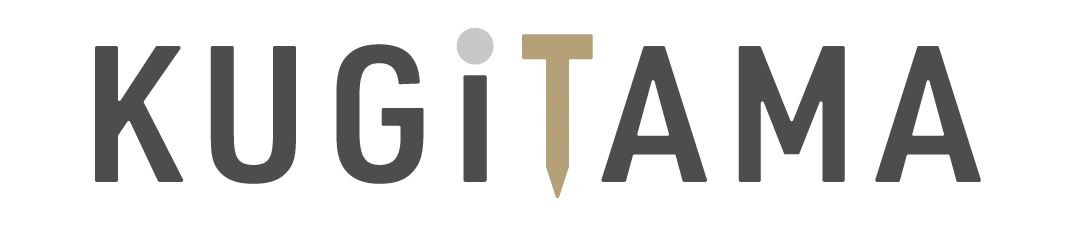 KUGITAMA wordmark with gray lettering and a gold pin-shaped T.