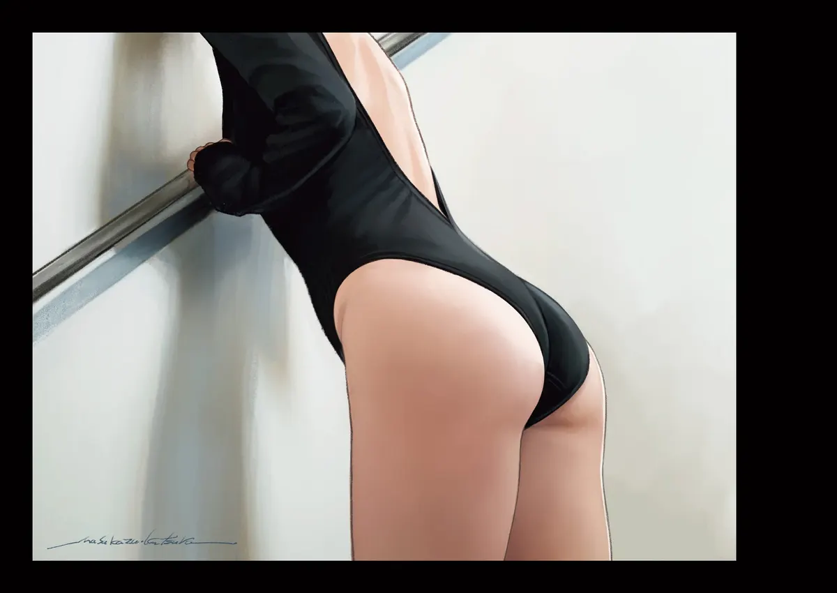Illustration from Positive Sensitive showing a black open-backed outfit beside a diagonal metal railing, presented within a black border.