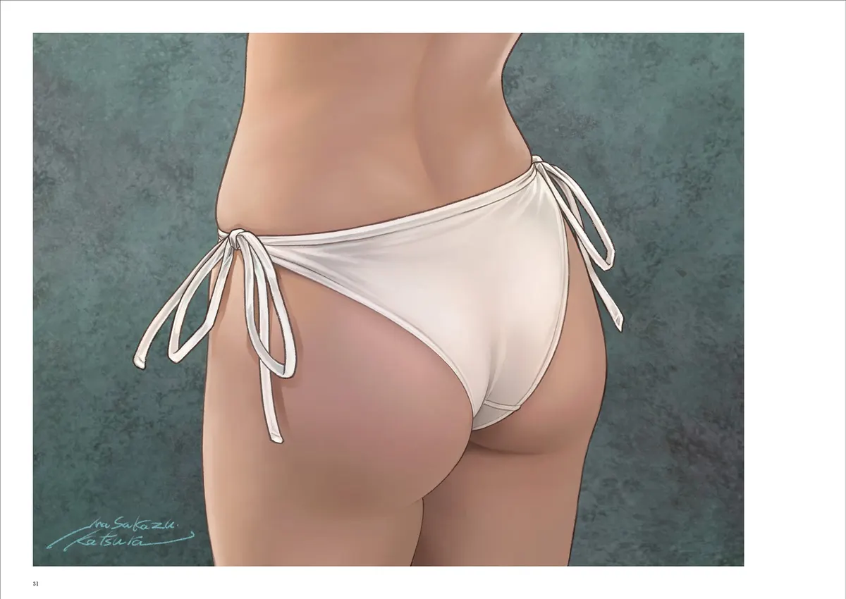 Illustration from Positive Sensitive showing white side-tie swimwear against a textured blue-gray background, on page 31.