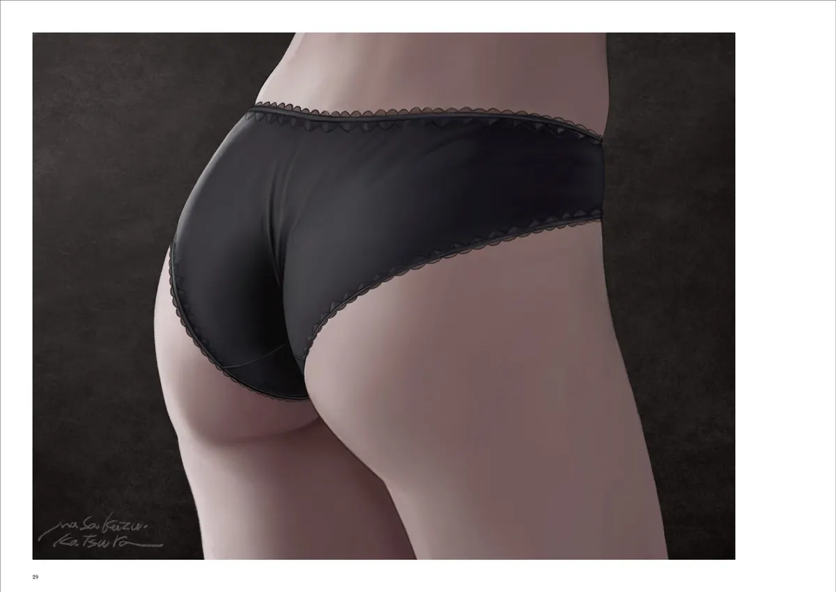 Rear three-quarter illustration from Positive Sensitive showing black underwear with scalloped trim against a dark textured background, on page 29.